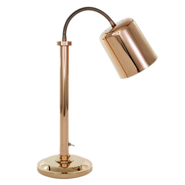 A Hanson Heat Lamps countertop heat lamp with a bright copper finish and a metal pole.