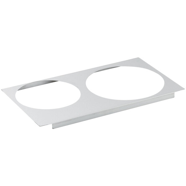 A white metal Vollrath adapter plate with two circles.