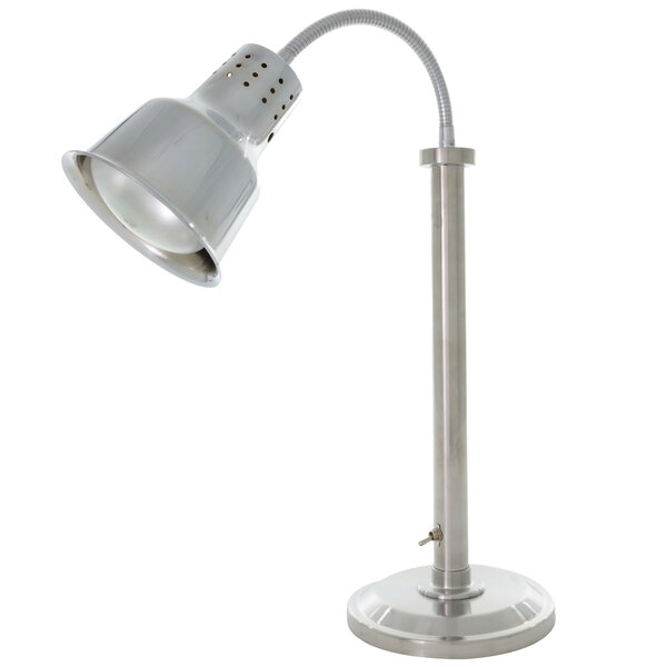 A Hanson Heat Lamps streamlined silver lamp with a curved neck and red top.
