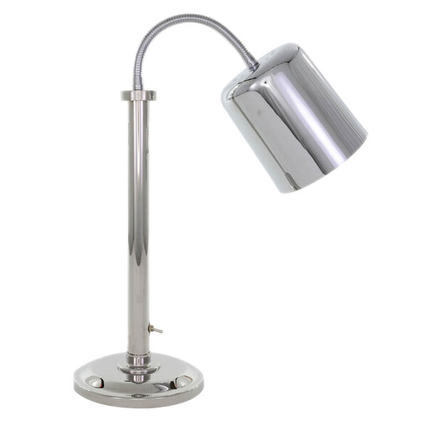 A Hanson Heat Lamps chrome heat lamp with a curved silver pole.
