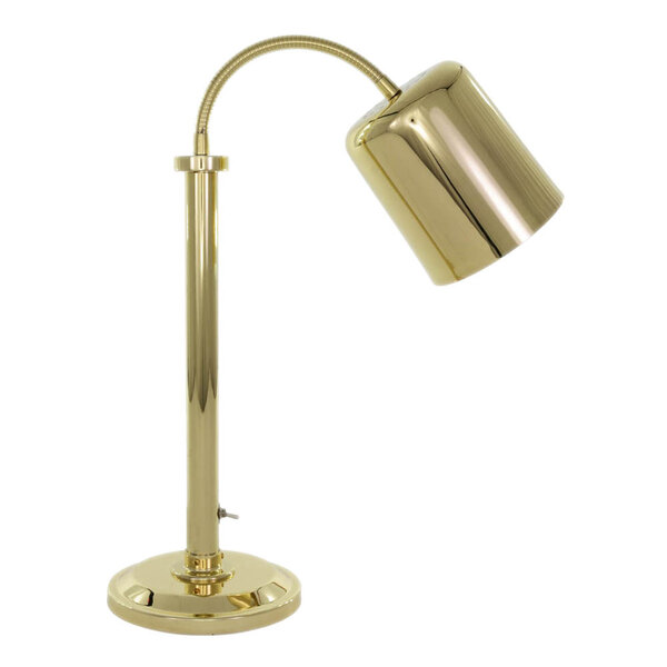 A Hanson Heat Lamps brass heat lamp with a curved neck.