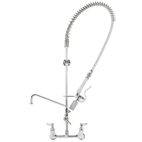 A silver T&S EasyInstall wall mounted pre-rinse faucet with a curved hose.