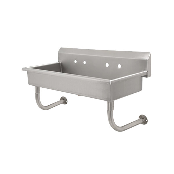 A stainless steel Advance Tabco multi-station hand sink with 5 faucets.