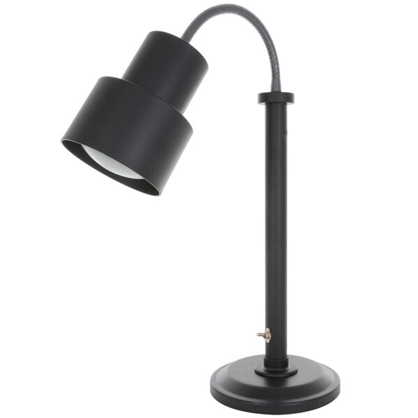 A Hanson Heat Lamps black freestanding heat lamp with a black shade.