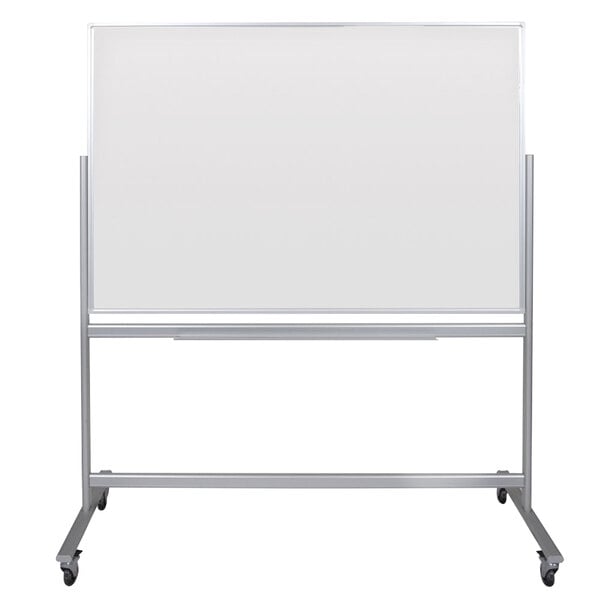 A white board on a metal stand with a white border.