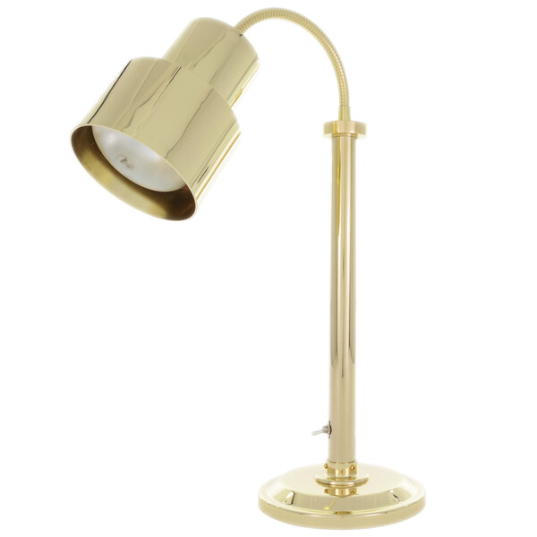 A Hanson Heat Lamps brass freestanding heat lamp with a white shade over a countertop.