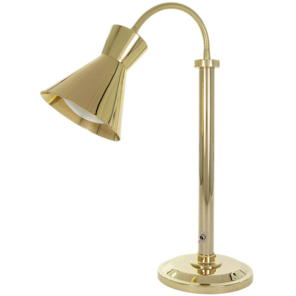 A Hanson Heat Lamps brass freestanding heat lamp with a streamlined design and a single bulb.