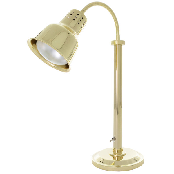 A Hanson brass and metal heat lamp with a white background.
