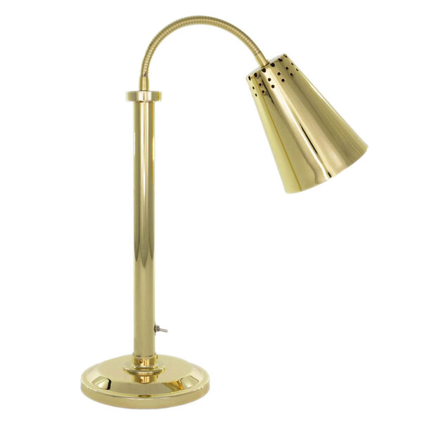 A Hanson brass heat lamp with a curved pole and yellow top.