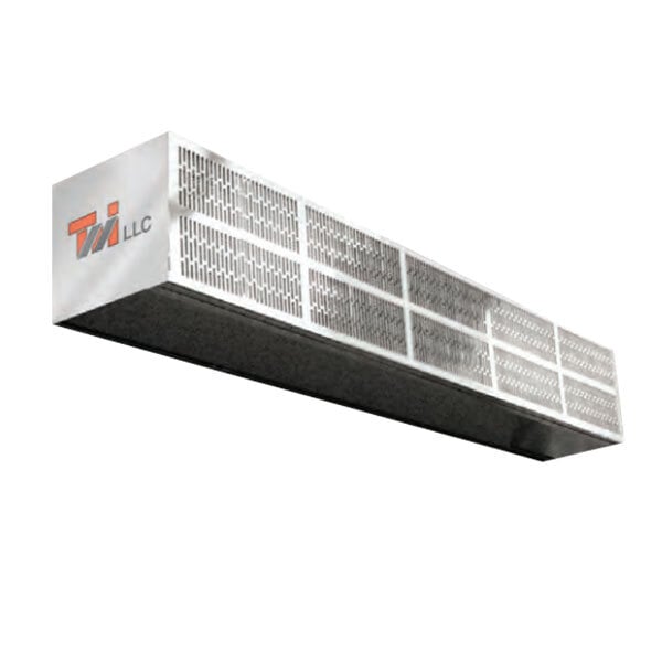 A long rectangular metal air duct with holes on the side and the word "TL" on the side.