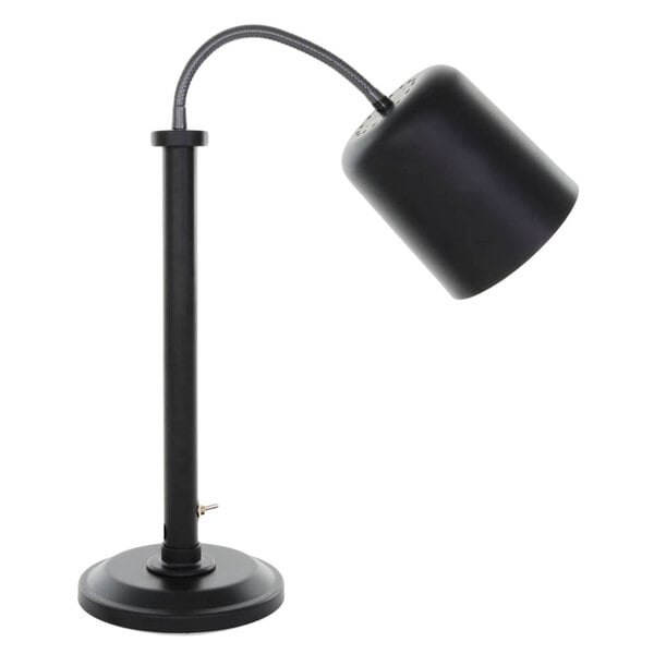 A Hanson Heat Lamps freestanding black heat lamp with a metal pole and a black cylinder shade.