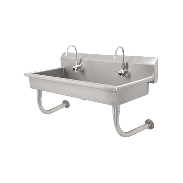 An Advance Tabco stainless steel multi-station hand sink with 5 electronic faucets.