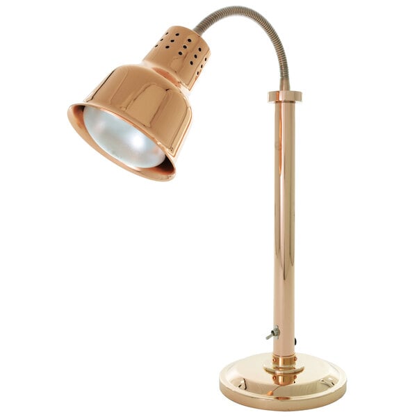 A Hanson Heat Lamps streamlined heat lamp with a bright copper finish.