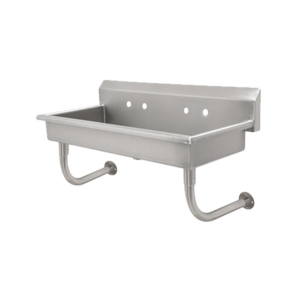 A stainless steel wall mounted Advance Tabco hand sink with 5 faucet holes.