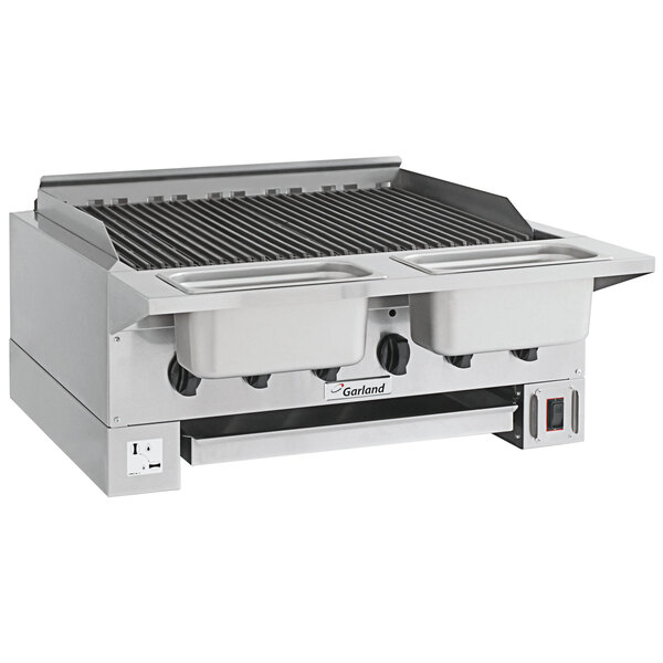 A Garland natural gas radiant charbroiler with two burners over a white background.