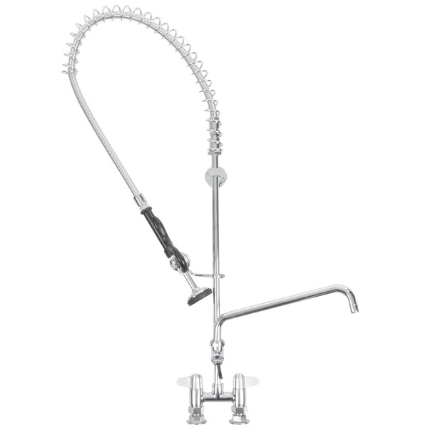 A silver Equip by T&S deck mounted pre-rinse faucet with curved hose and lever handles.