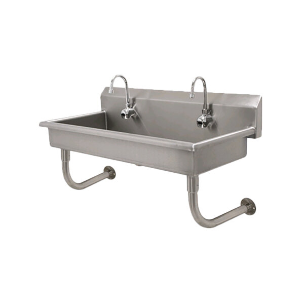 An Advance Tabco stainless steel hand sink with four electronic faucets.