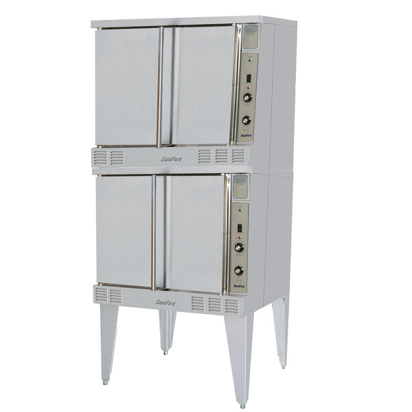 A white SunFire double deck convection oven with knobs on the front.