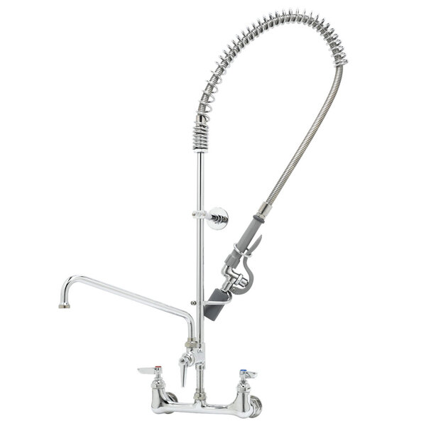 A silver T&S pre-rinse faucet with curved hose.