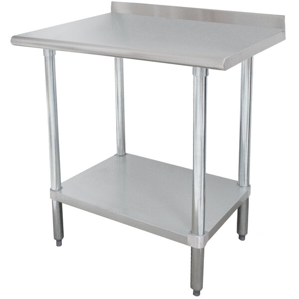 A stainless steel Advance Tabco work table with an undershelf.