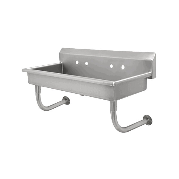A stainless steel Advance Tabco hand sink with two holes on the side.