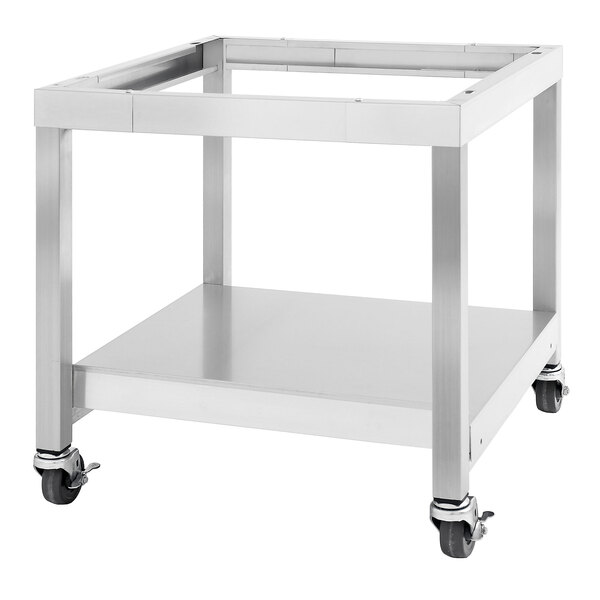 A stainless steel mobile equipment stand with wheels.
