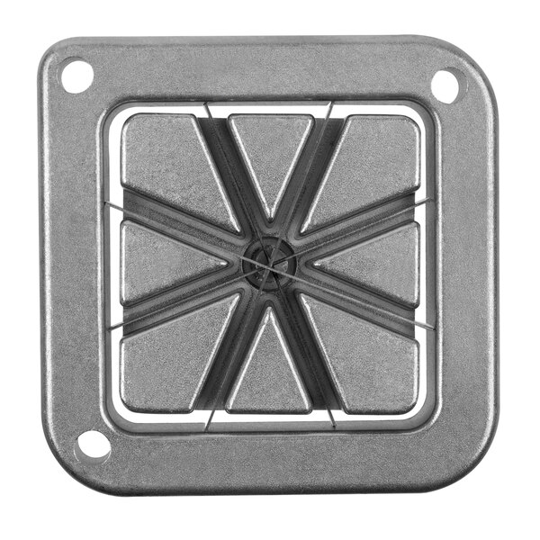 A metal square with a cross in the center and holes.