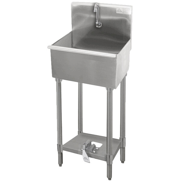 A stainless steel Advance Tabco utility sink with a toe-push faucet and a drain.