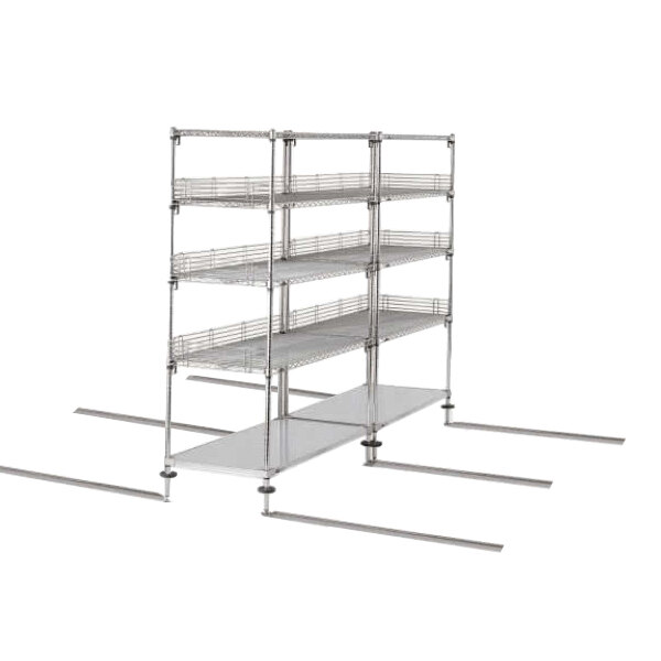 A Metro qwikTRAK stainless steel shelving unit with three shelves.