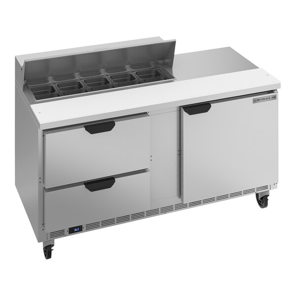A Beverage-Air stainless steel refrigerator with 2 drawers.