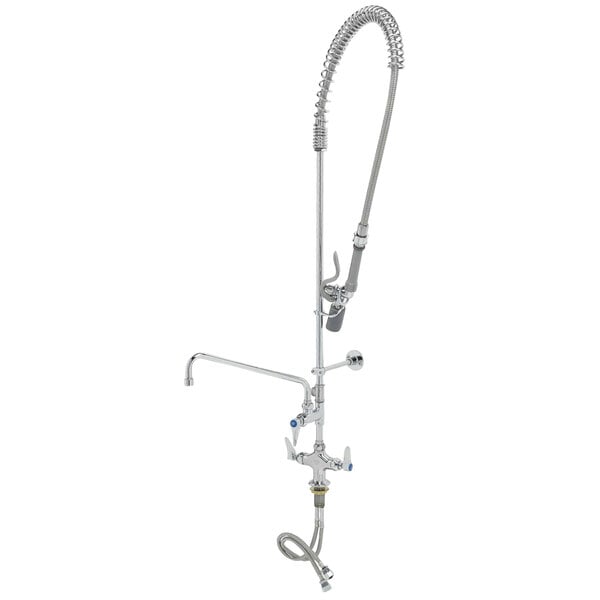A T&S stainless steel pre-rinse faucet with lever handles and a hose.