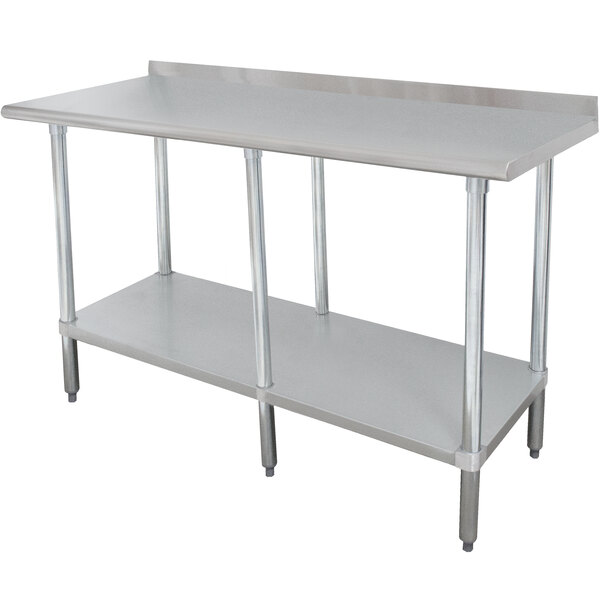 A metal work table with undershelf and backsplash.