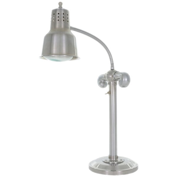 A Hanson Heat Lamps stainless steel countertop heat lamp with a solid round base.