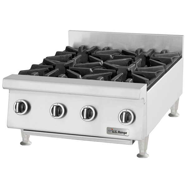A U.S. Range stainless steel countertop gas range with eight burners.