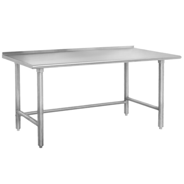An Advance Tabco stainless steel work table with galvanized legs.