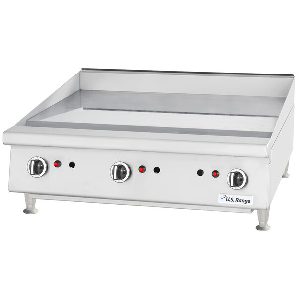 A U.S. Range heavy-duty countertop griddle with three manual burners.