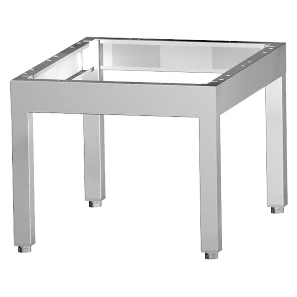 A white metal table stand with wheels for a Garland G Series charbroiler.