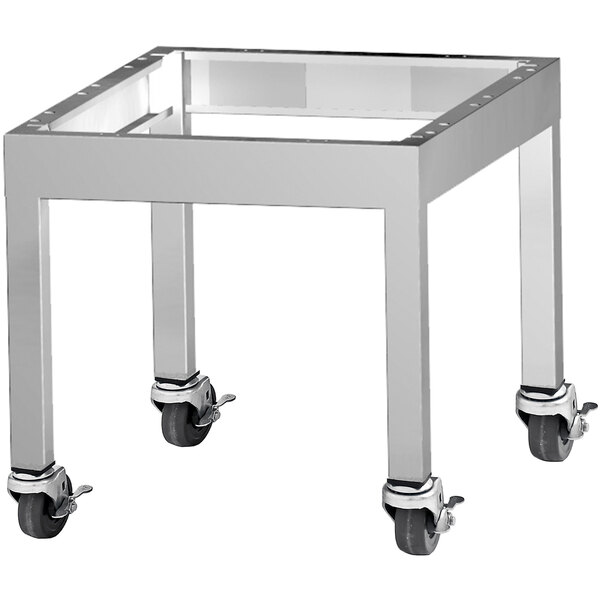 A stainless steel metal stand with wheels for a Garland G Series 30" Charbroiler.