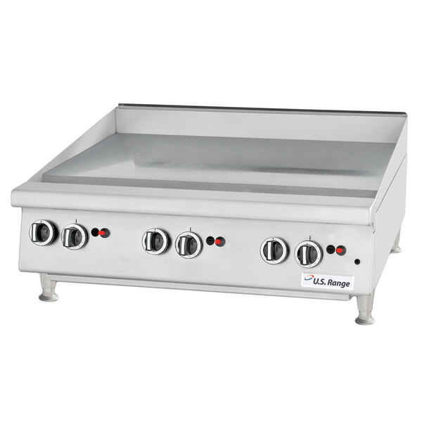 A U.S. Range countertop griddle with thermostatic controls.