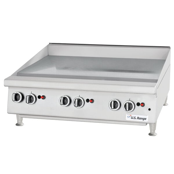 A U.S. Range heavy-duty liquid propane countertop griddle with thermostatic controls.