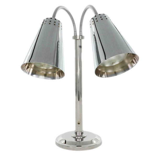 A Hanson Heat Lamps chrome freestanding lamp with two lamps.