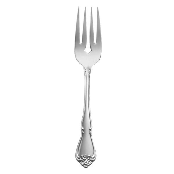 A Oneida Arbor Rose stainless steel salad fork with a silver handle and a design on it.