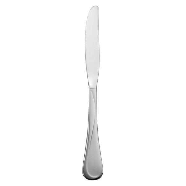 A silver knife with a long handle.