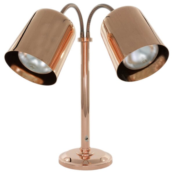 A Hanson Heat Lamp with bright copper finish and two lamps.