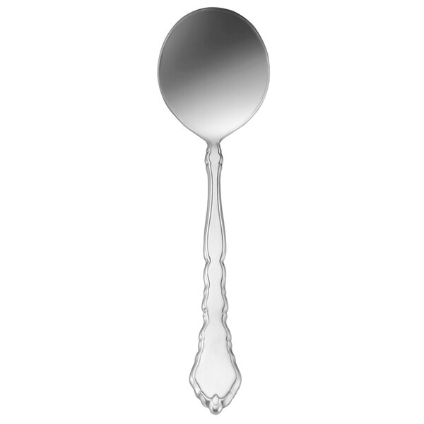 A Oneida Satinique stainless steel bouillon spoon with a long handle.