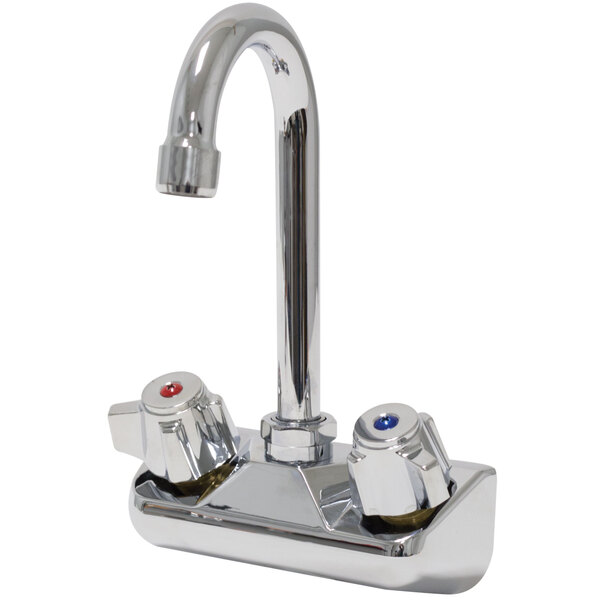 A chrome Advance Tabco wall mount faucet with canopy handles.