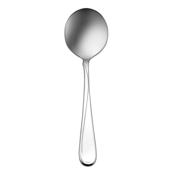 A Oneida stainless steel bouillon spoon with a silver handle.