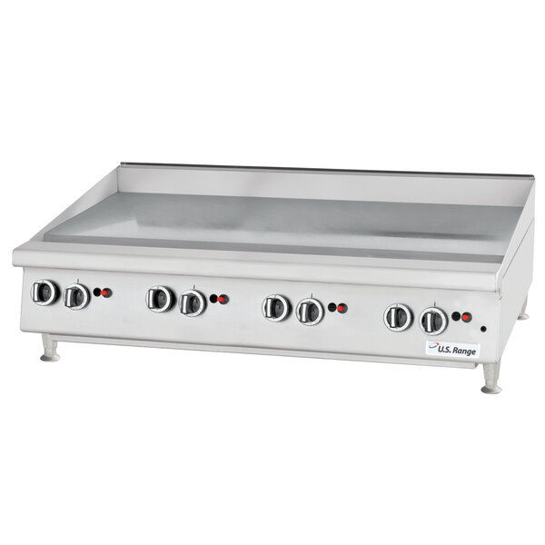 A U.S. Range stainless steel countertop griddle with thermostatic controls.