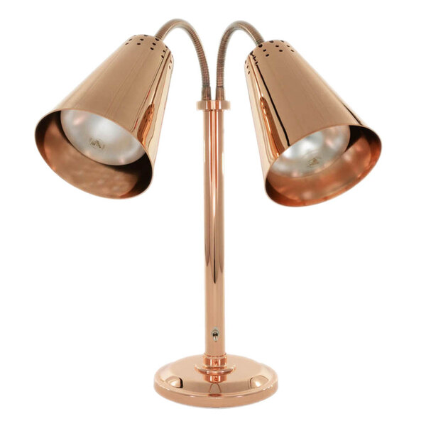 A Hanson Heat Lamps bright copper freestanding heat lamp with two lamps.