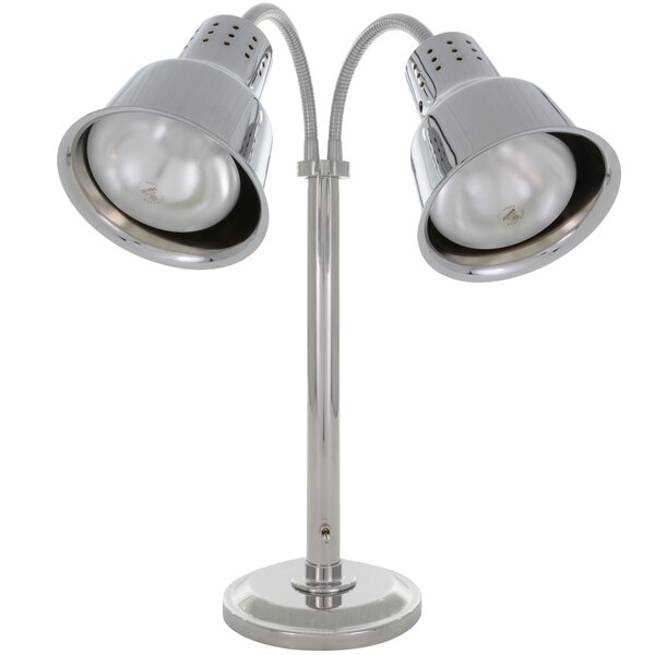 A Hanson Heat Lamps chrome freestanding dual bulb lamp.